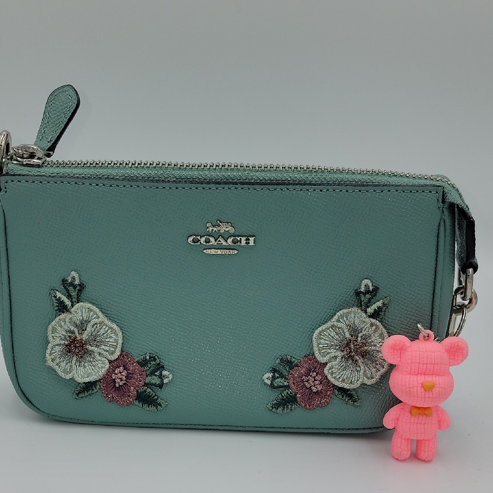 Coach Green Floral Leather Wristlet Clutch
